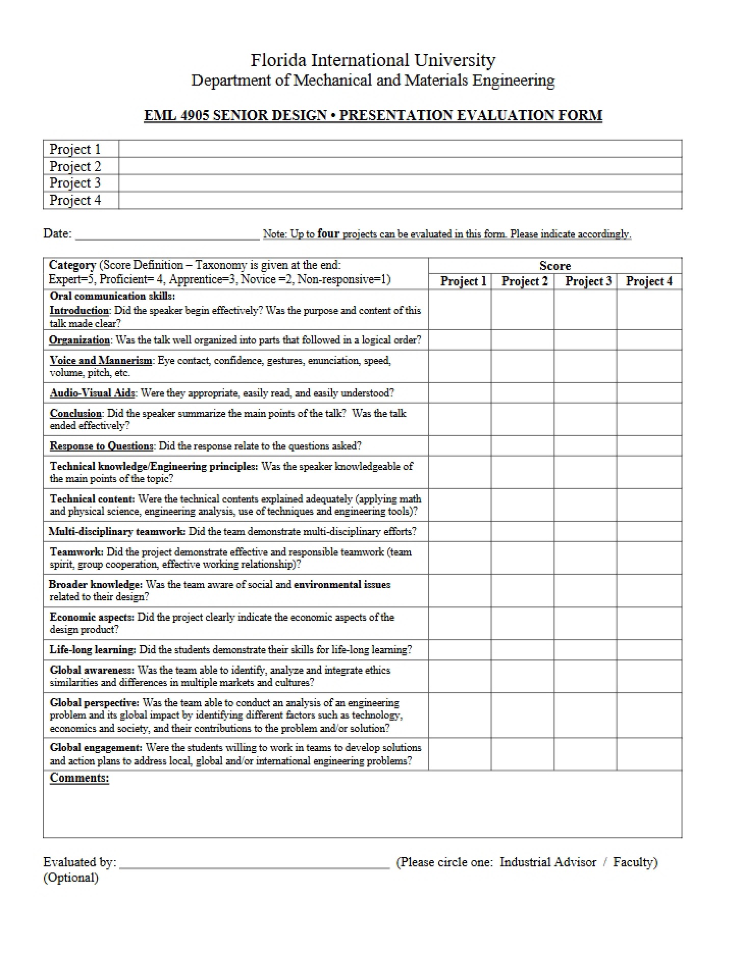 Evaluation Form for Presentations