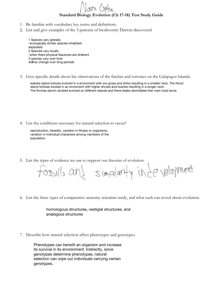 Evolution Study Guide - Standard Biology Ch 17-18