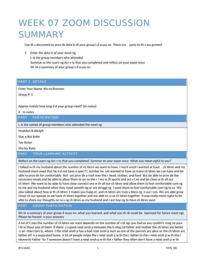 Zoom Discussion Summary - Week 07