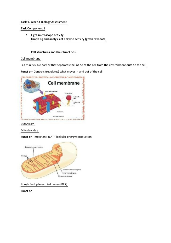 Year 11 Biology - Cell Structures and Functions