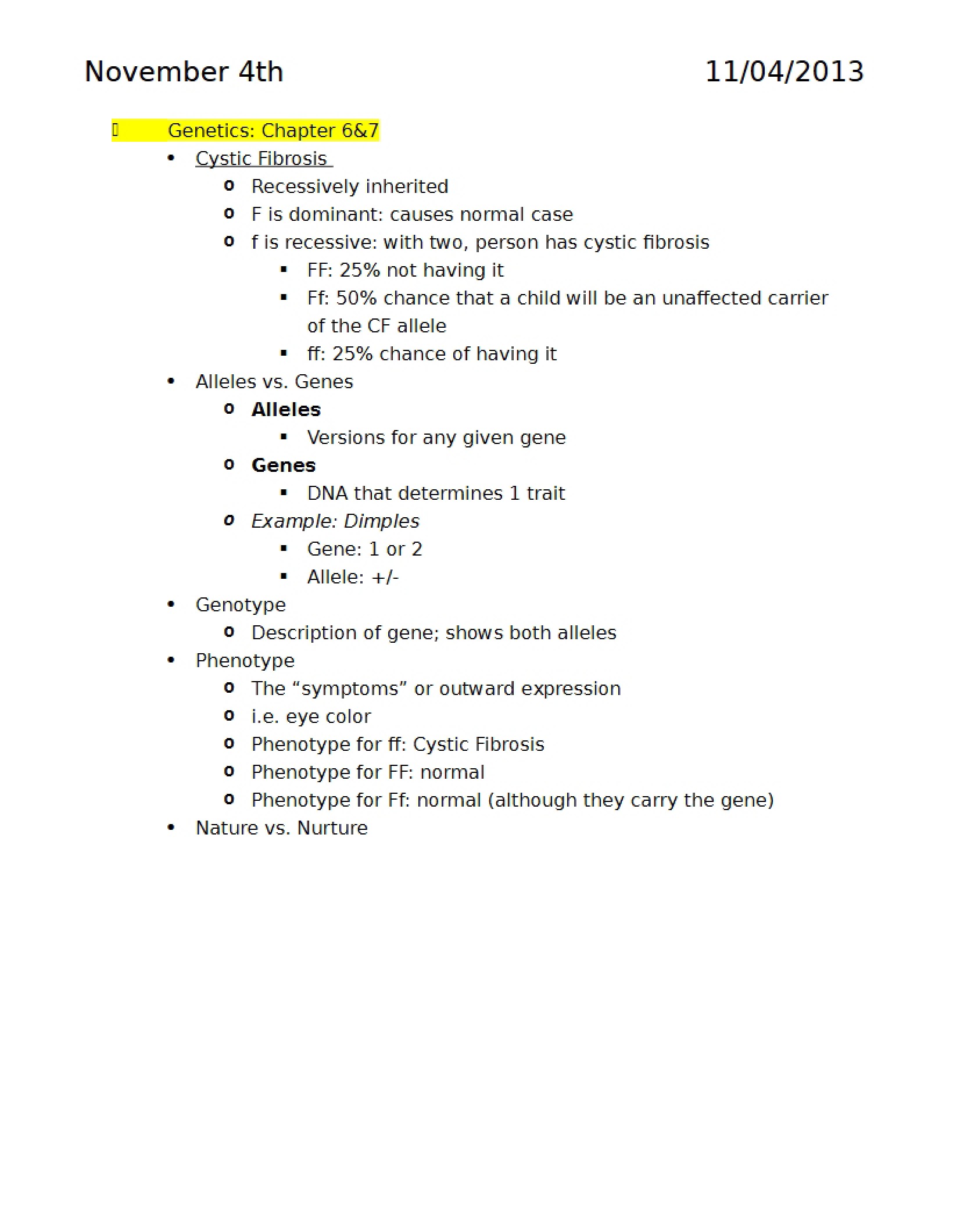 Biology Notes Nov 4