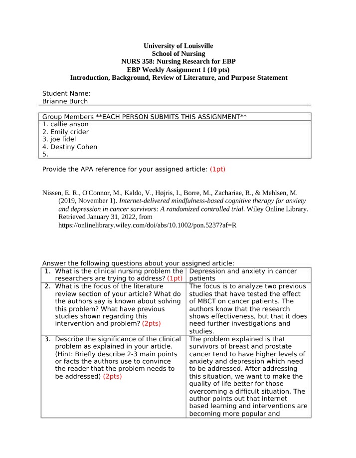 NURS358 EBP Assignment 1