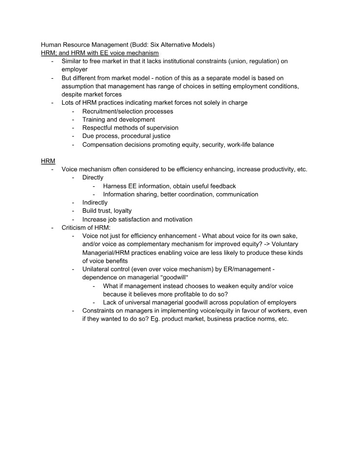 Alternative Models of Human Resource Management - MHR 520
