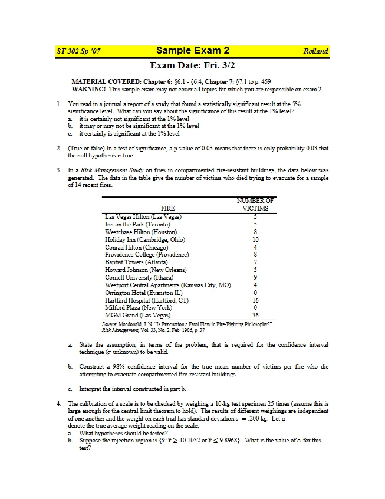 Sample Examination for ST 302