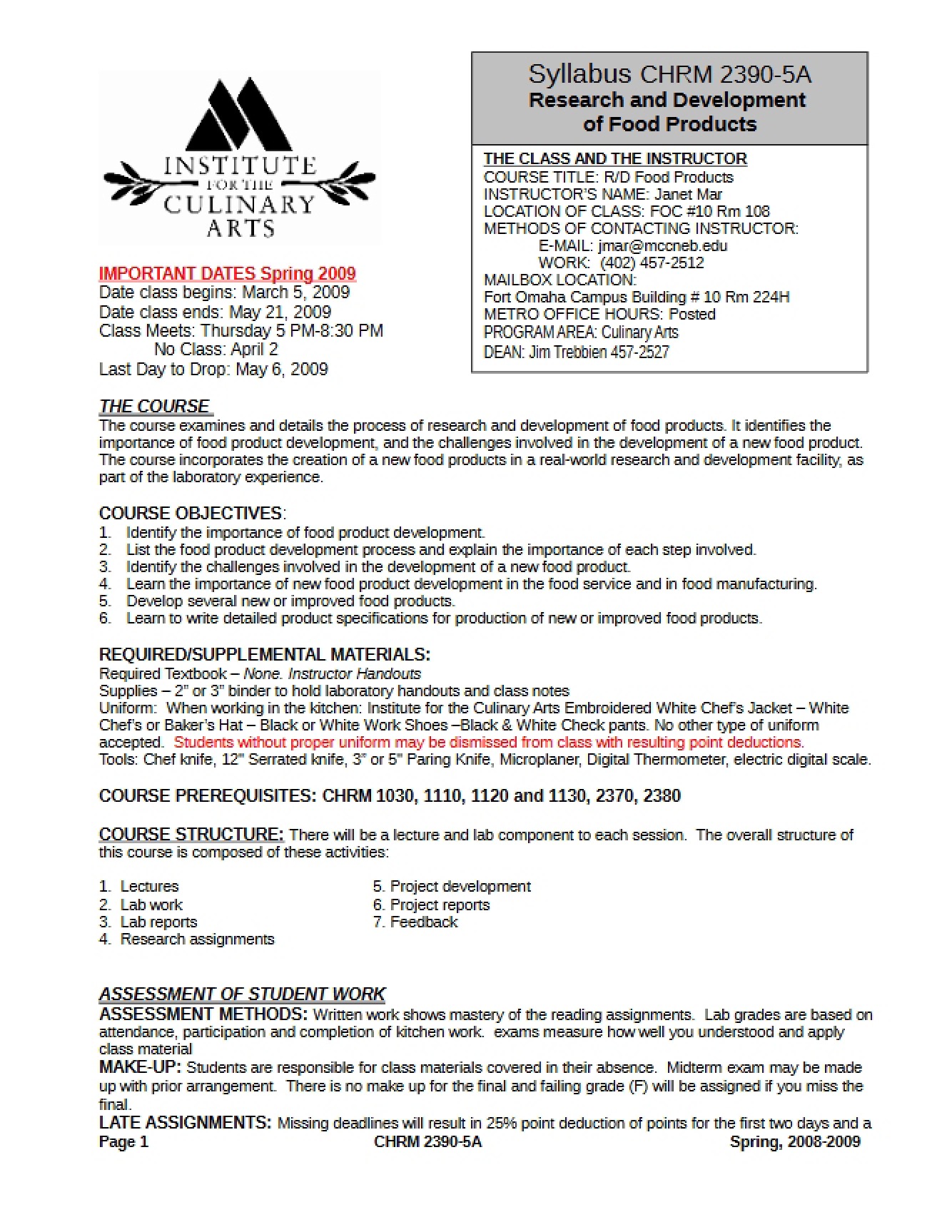 Syllabus for Food Product R&D