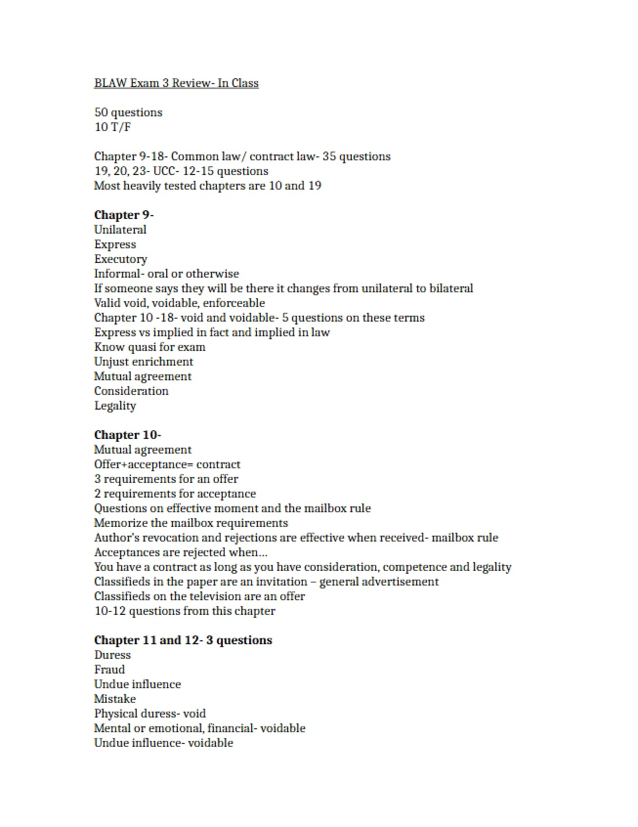 In-Class Review for BLAW Exam 3