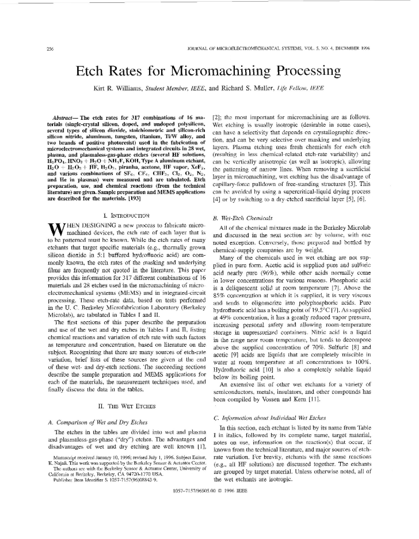 Micromachining Processing Etch Rates
