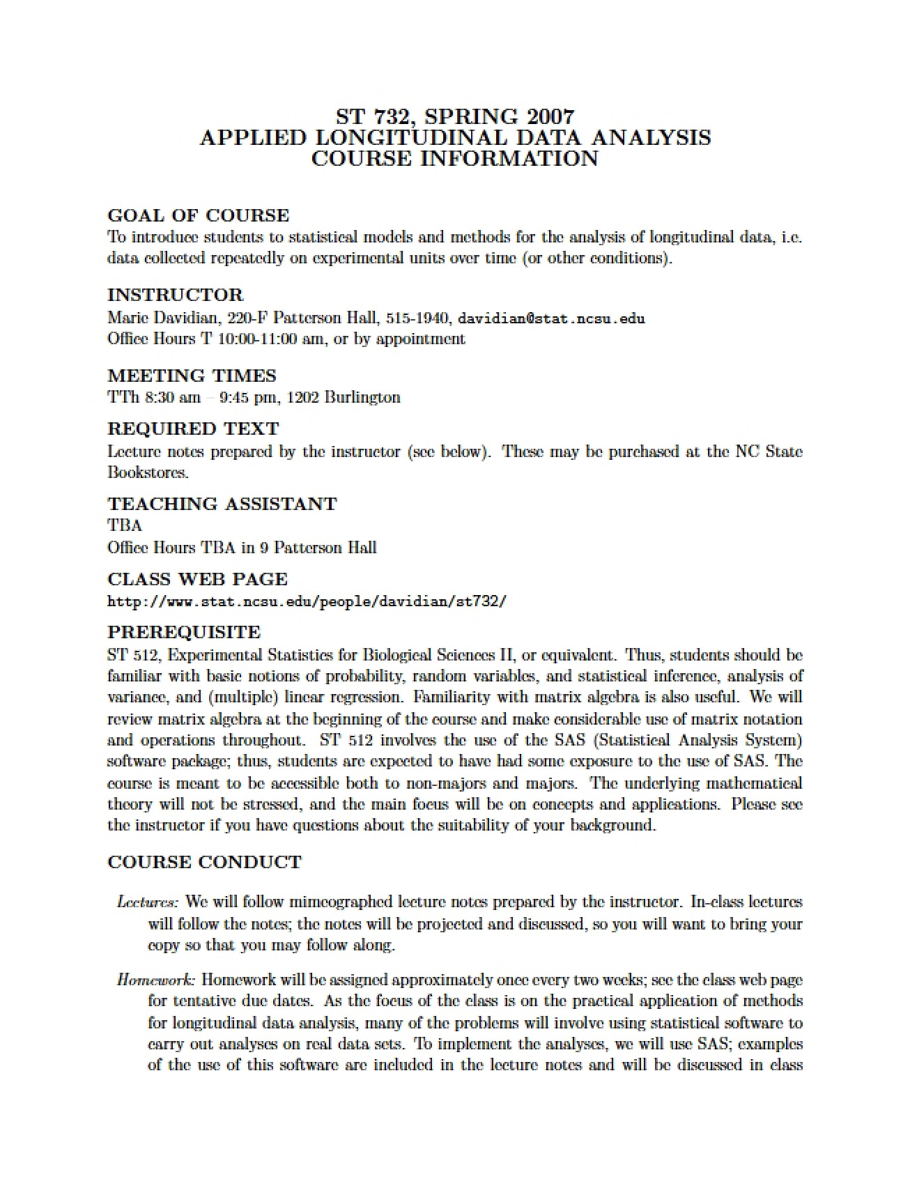 Longitudinal Data Analysis Syllabus