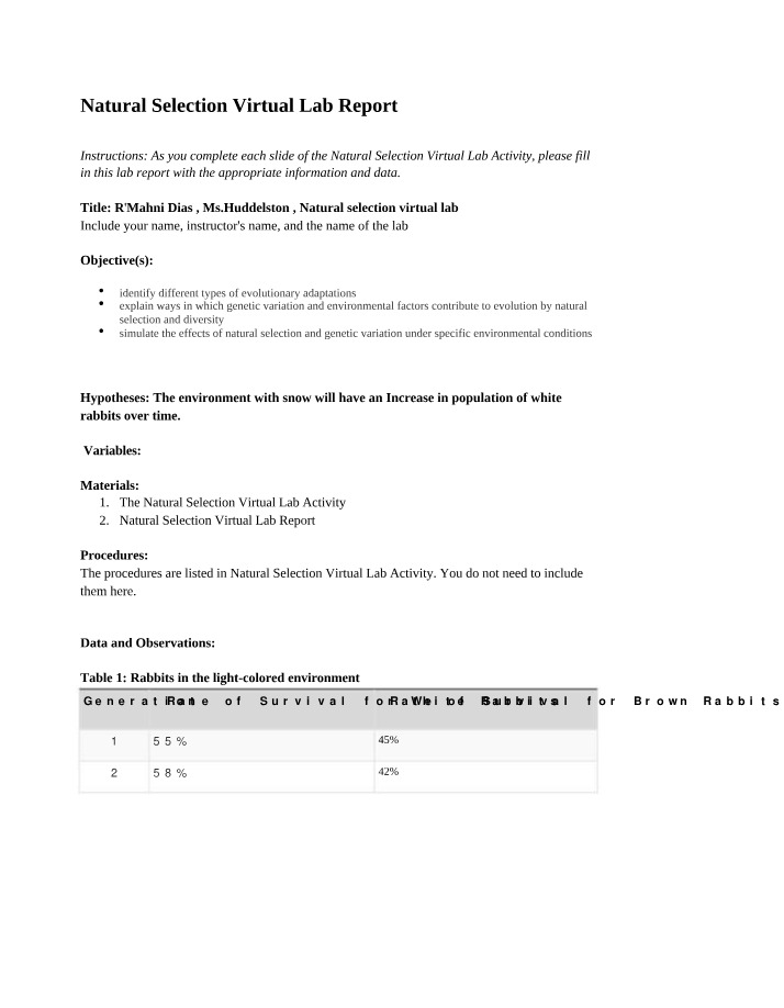 Lab Report - Natural Selection Virtual Lab