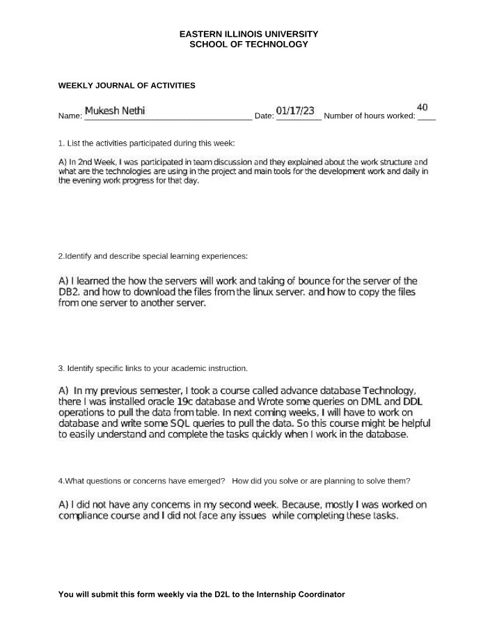 Weekly Activities Journal