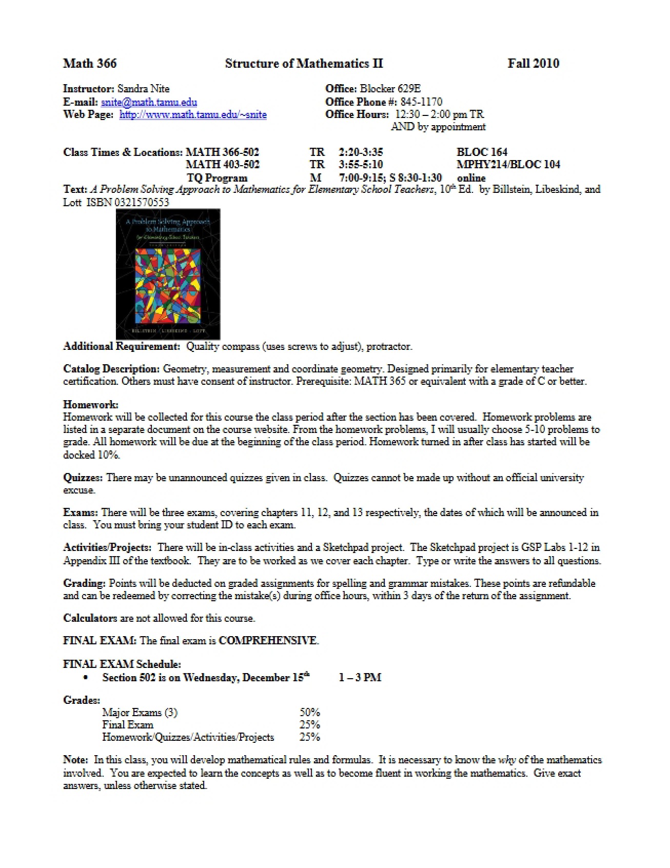 Syllabus for Math 366 (2010, Version C)