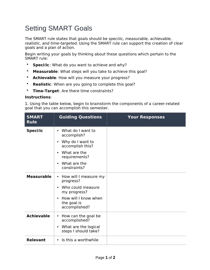Worksheet for SMART Goals