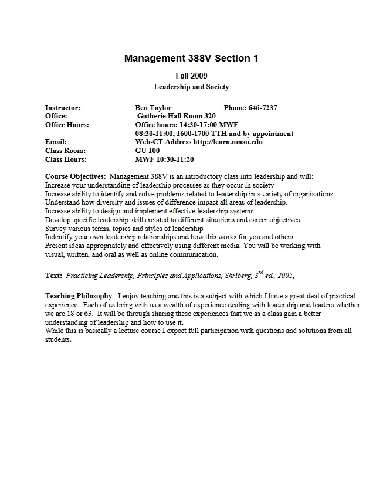 Leadership and Society Syllabus - Fall 2009 - Taylor