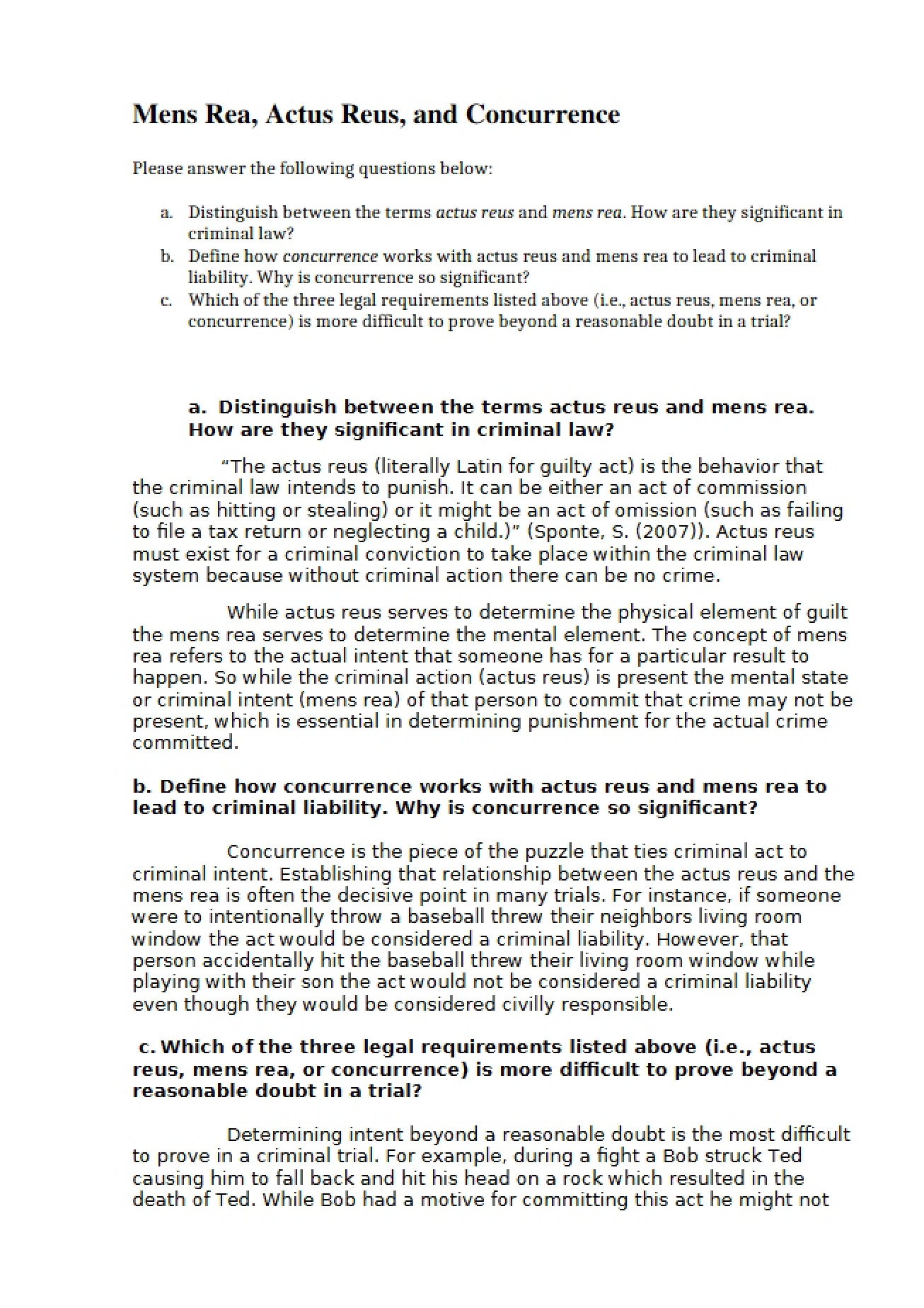 Concurrence, Actus Reus, and Mens Rea