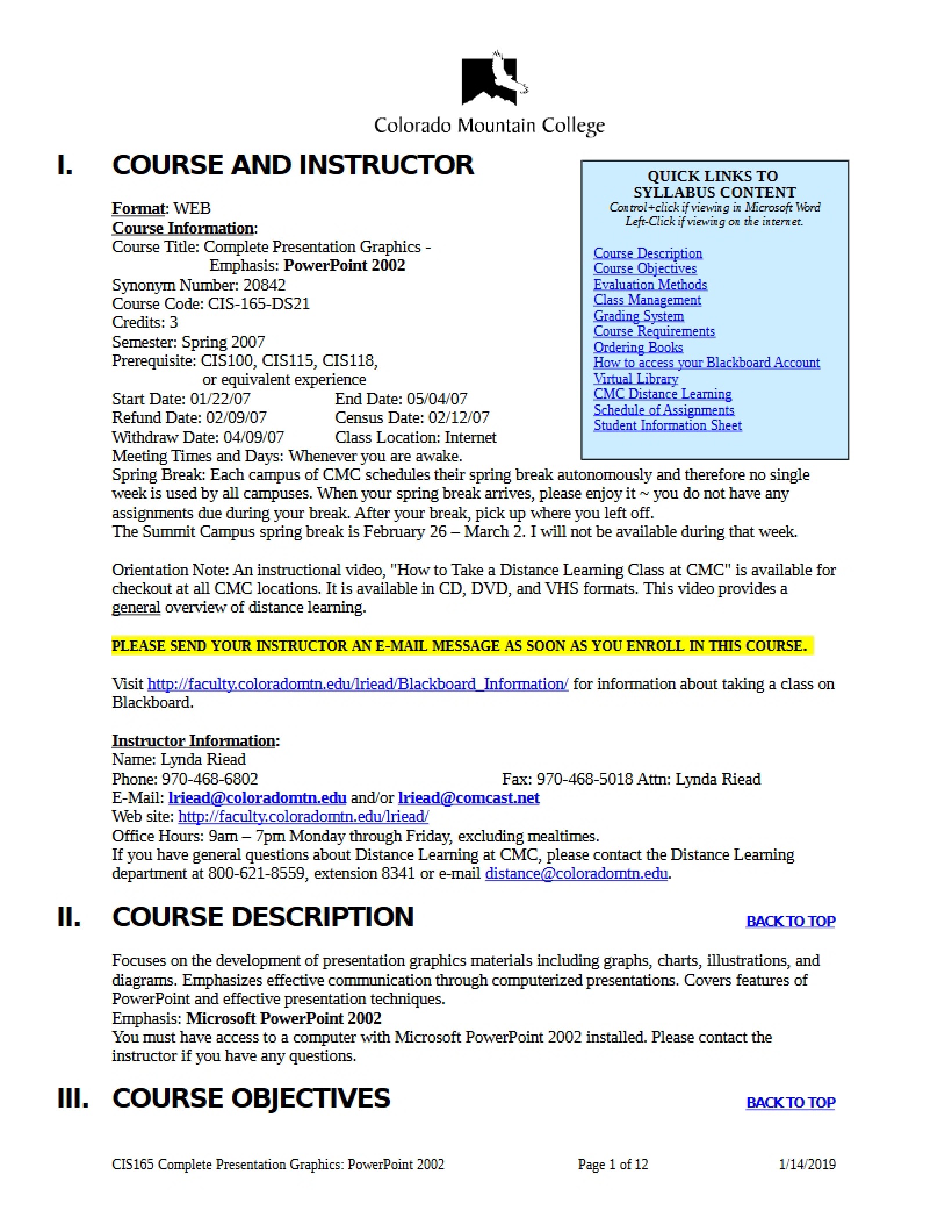 PowerPoint Class Syllabus