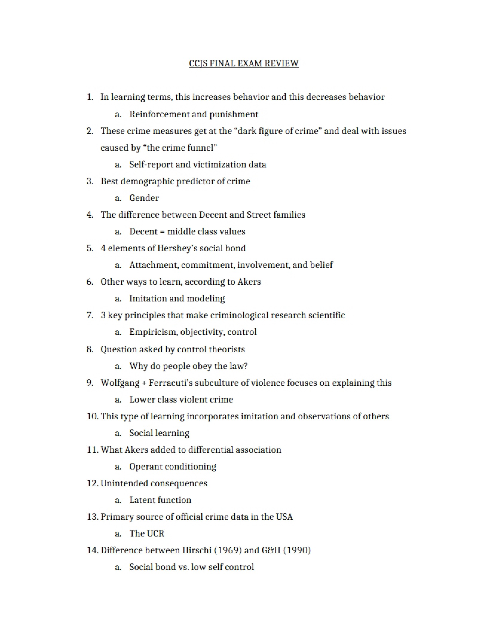 Cumulative Review for the Final Criminology Assessment
