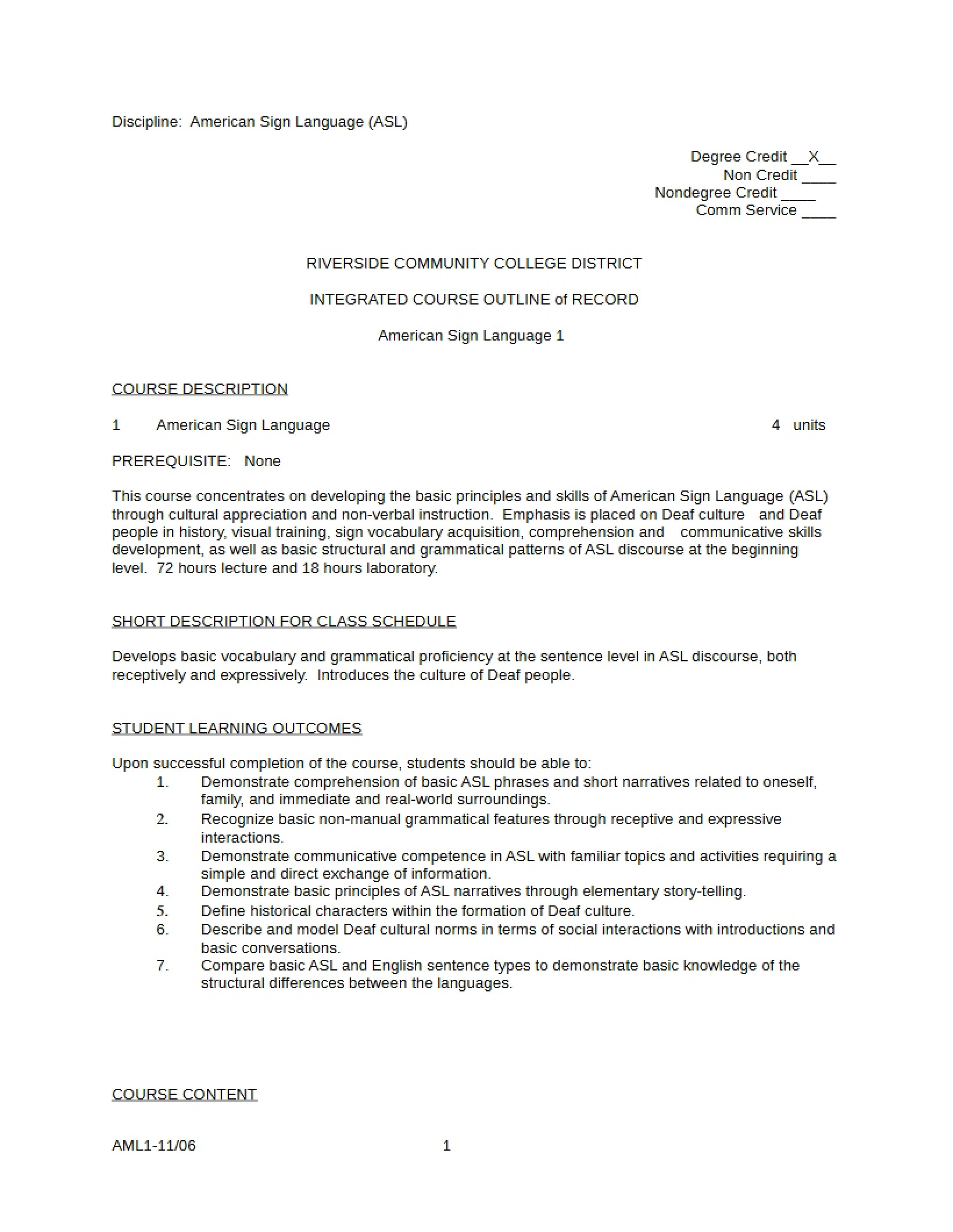 ASL 1 Course Outline