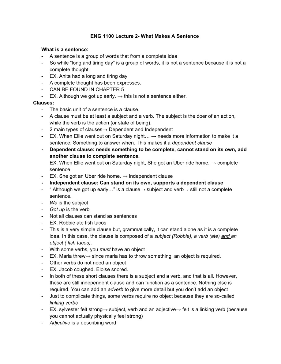 What Makes a Sentence - ENG 1100 Lecture 2