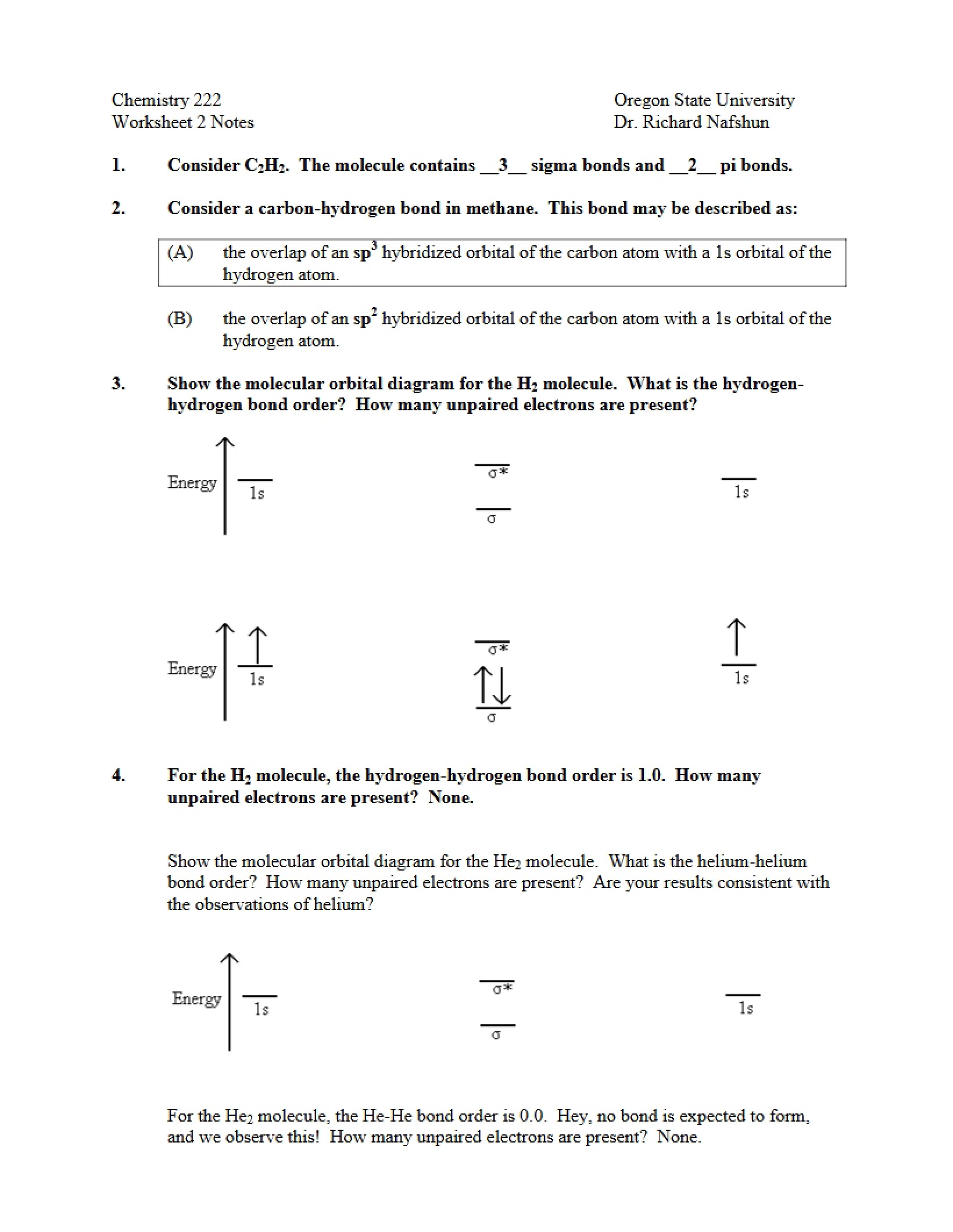 Notes for Worksheet 2 (CH 222)
