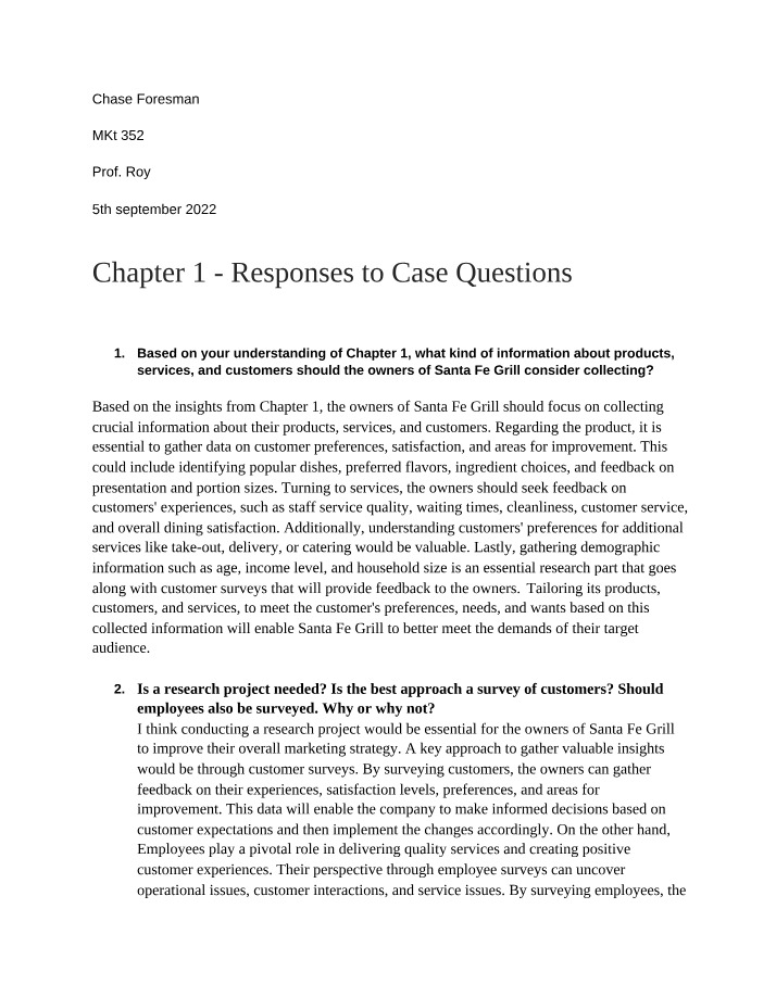 Responses to Chapter 1 Case Questions
