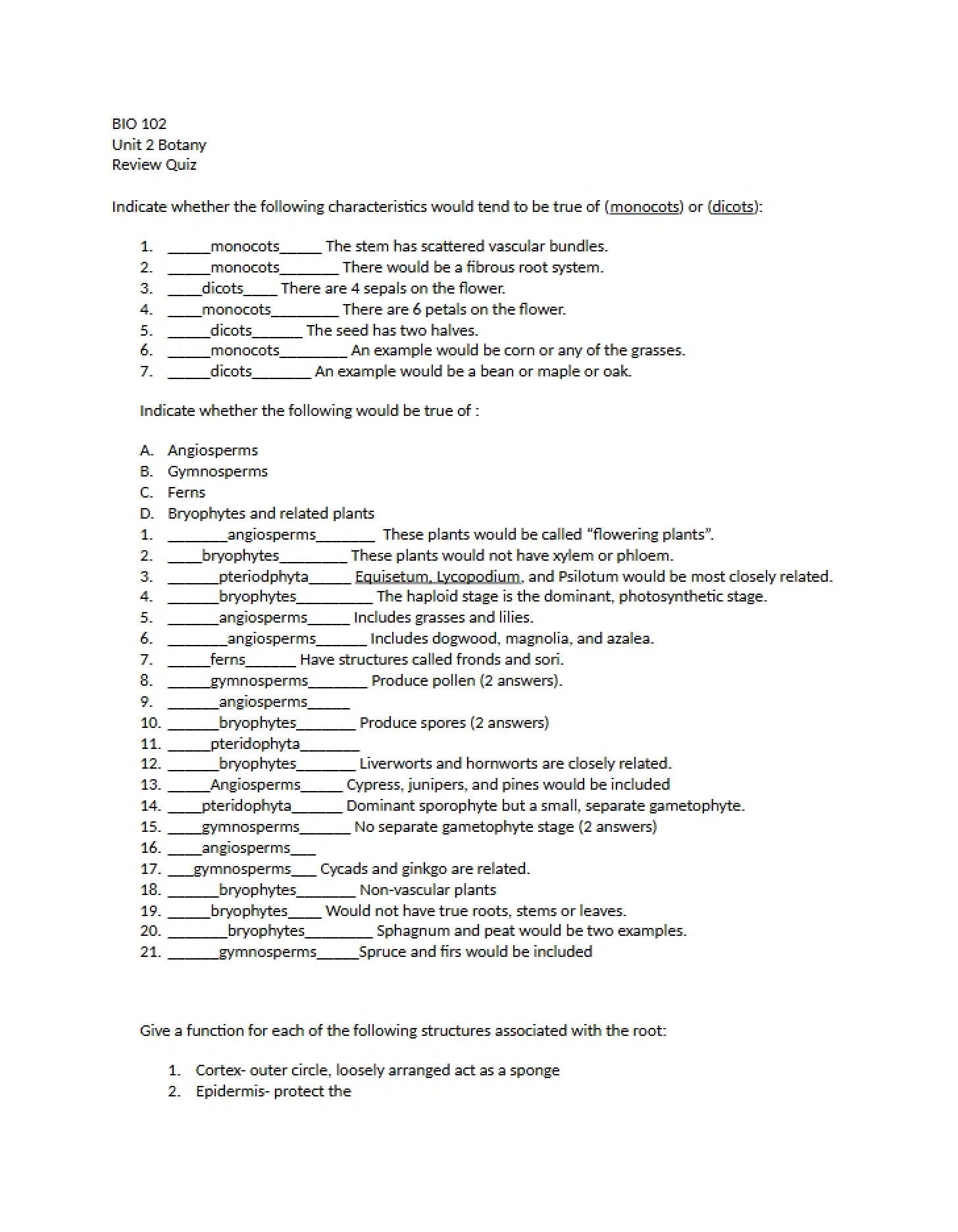 Review Guide Unit Two (Bio 102)