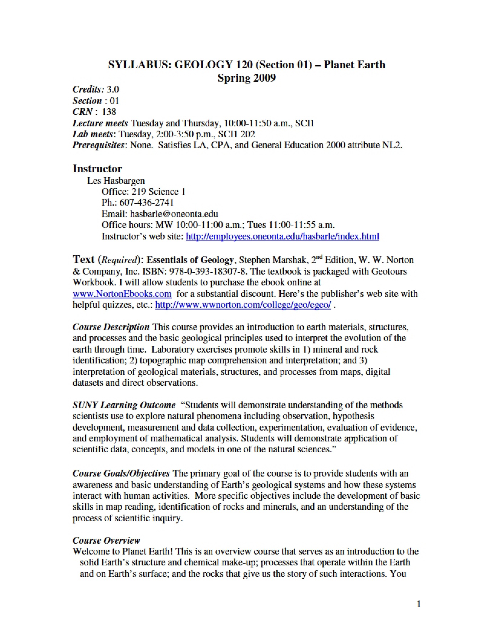 Introduction to Geology Syllabus