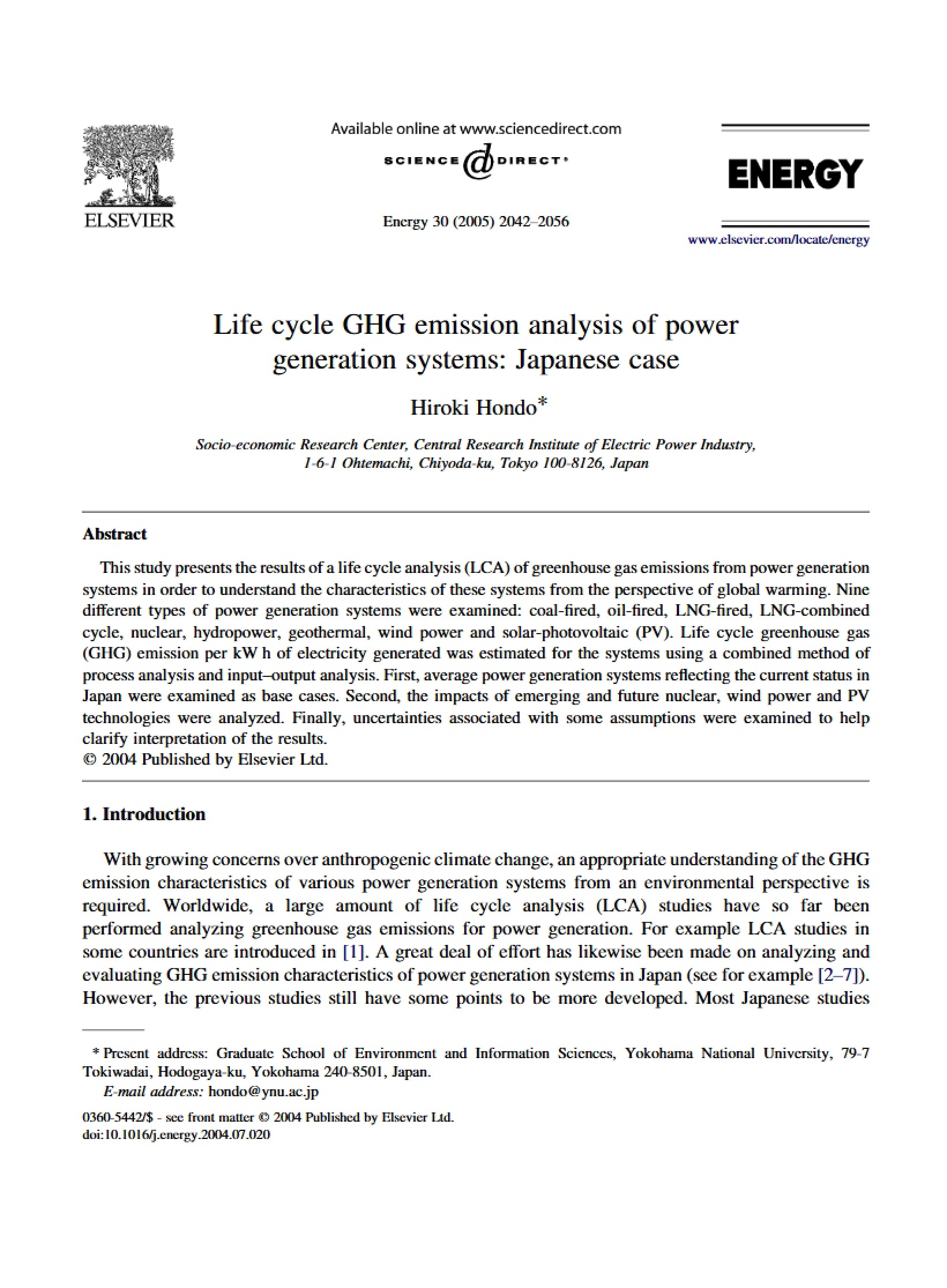 Japanese Case Life Cycle GHG Emission Analysis