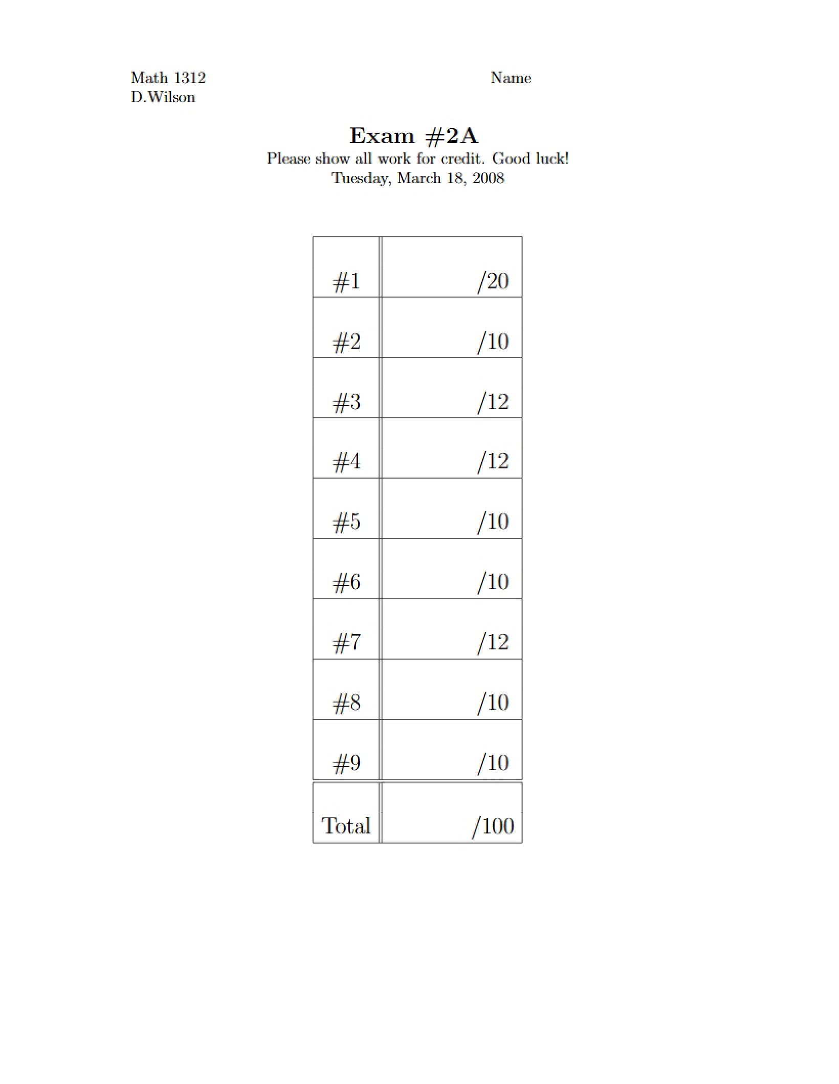 Exam 2A for Math 1312