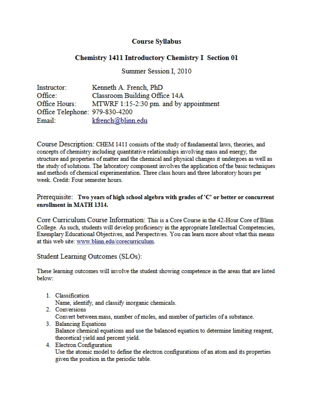 General Chemistry I Course Syllabus
