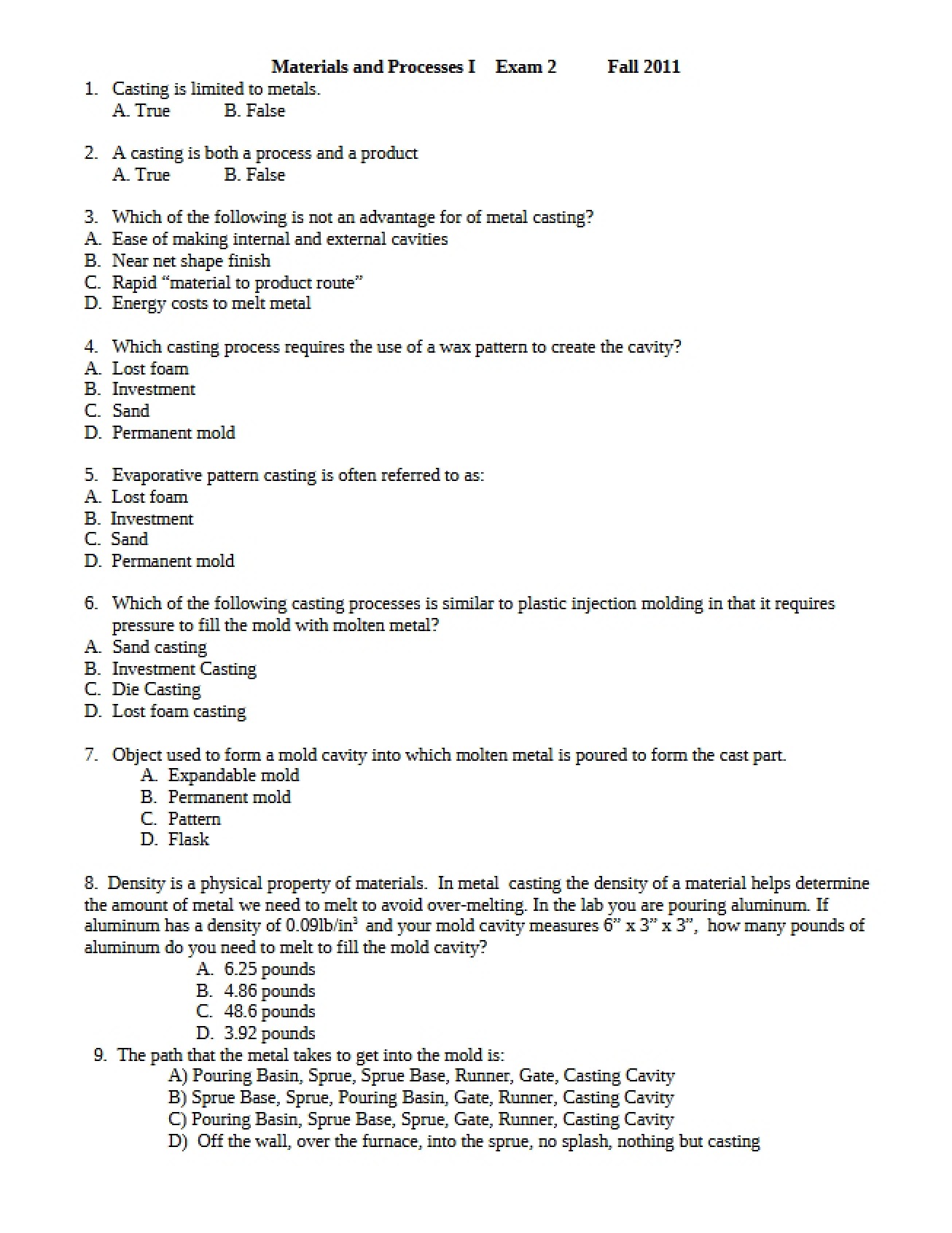 Second Exam on Materials and Processes