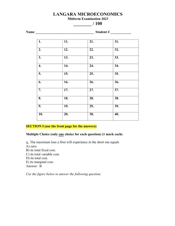 Langara Microeconomics Midterm 2023 - Answer Key