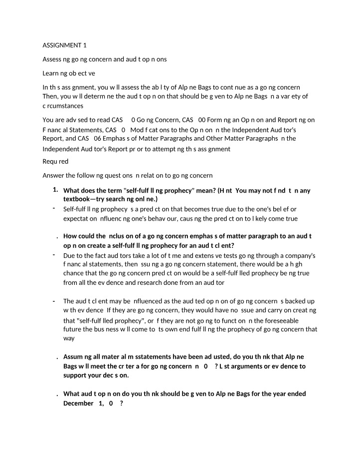 Going Concern Assessment and Audit Opinions