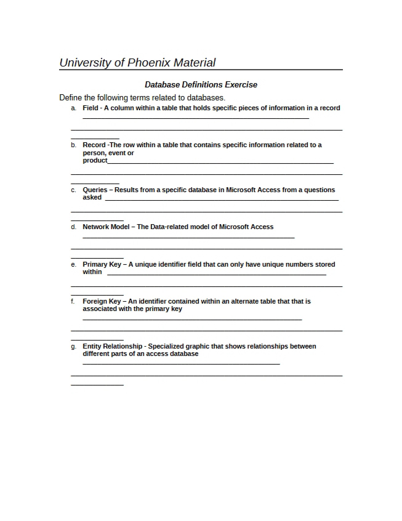Exercise on Database Definitions - 1 Pages
