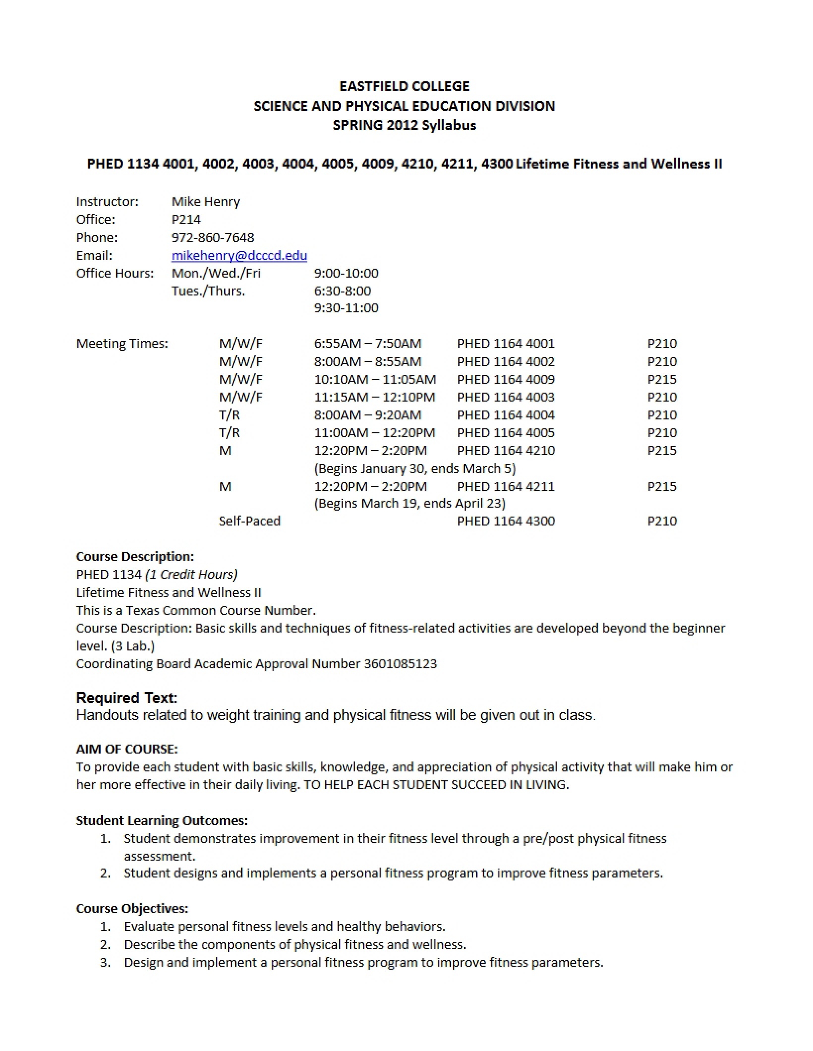Course Syllabus for Lifetime Fitness and Wellness II - 6 Pages