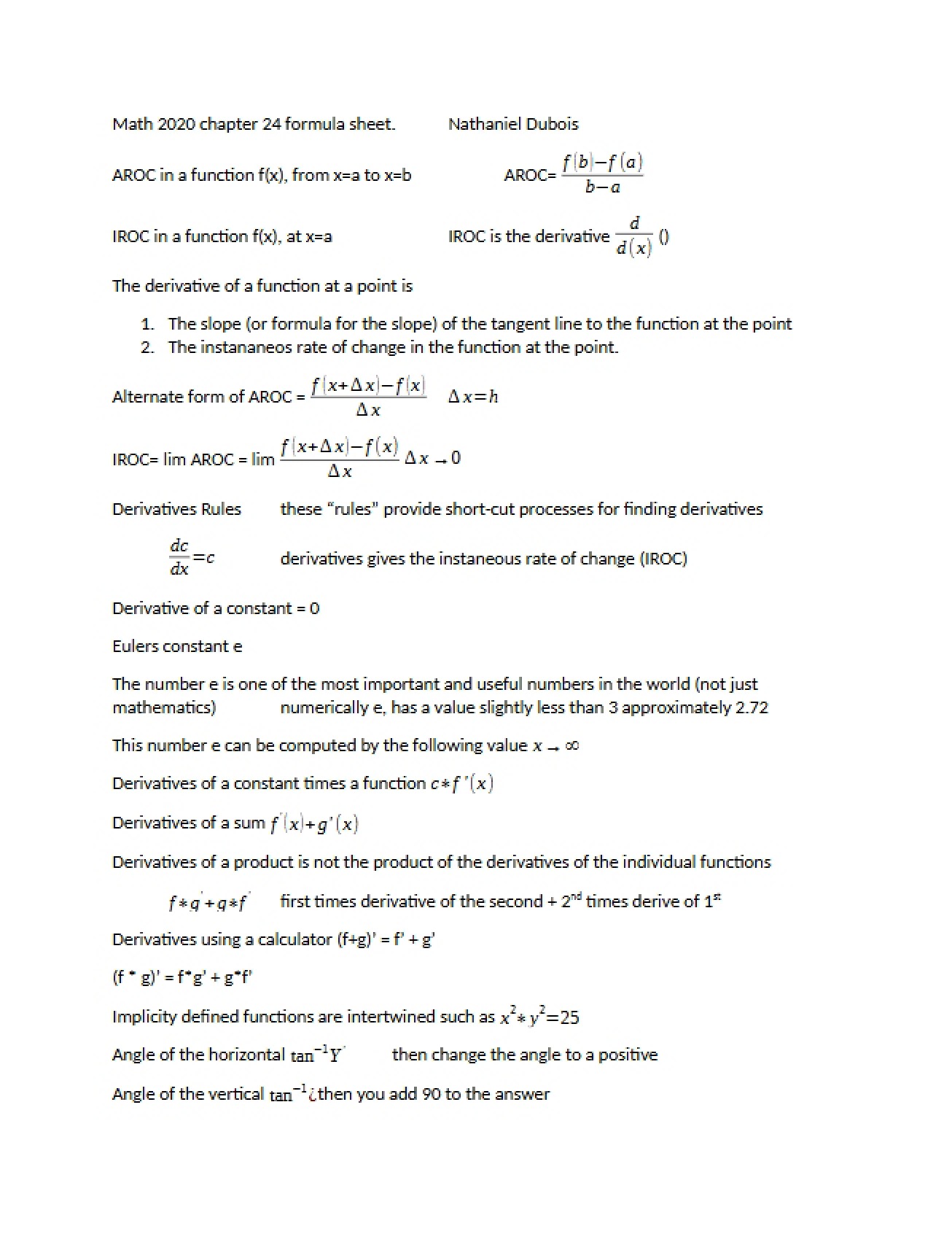 Formula Sheet Chapter 24