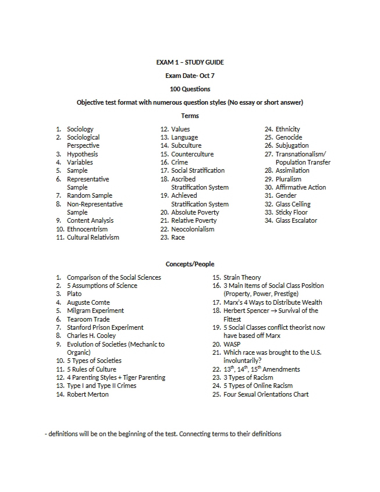 Sociology Exam One