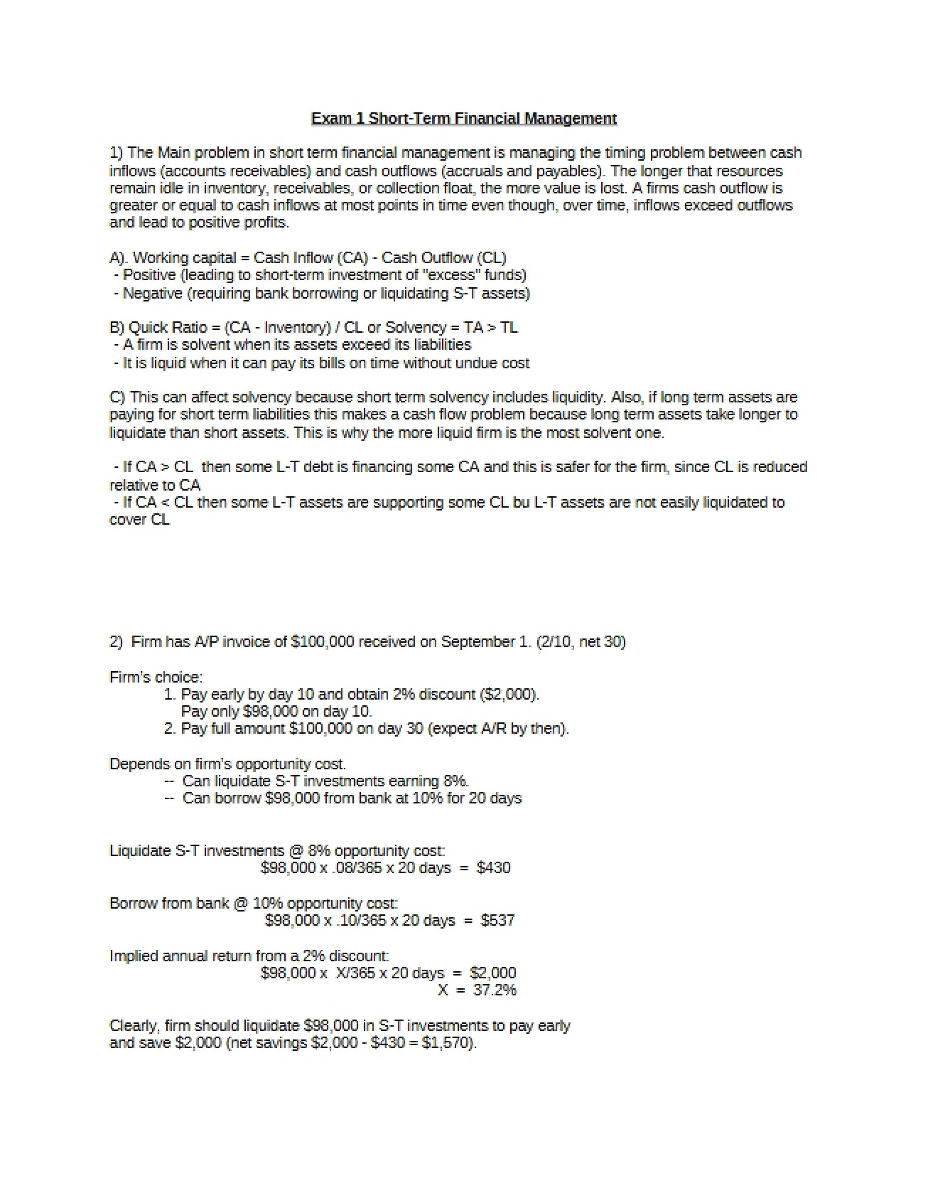 Initial Examination in Short-Term Financial Management