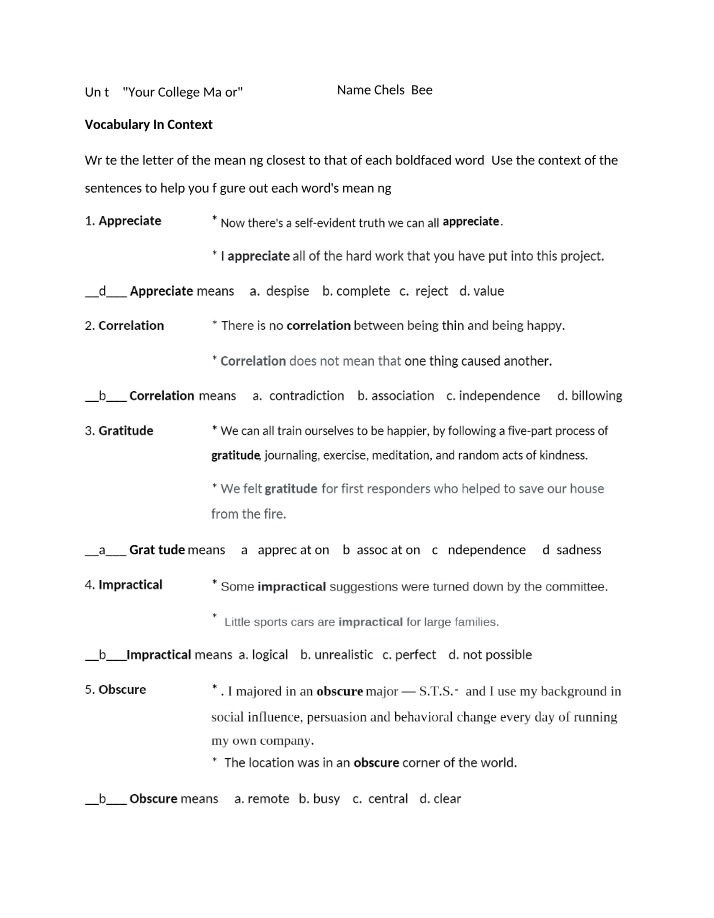 Your College Major - Unit 7 Vocabulary in Context