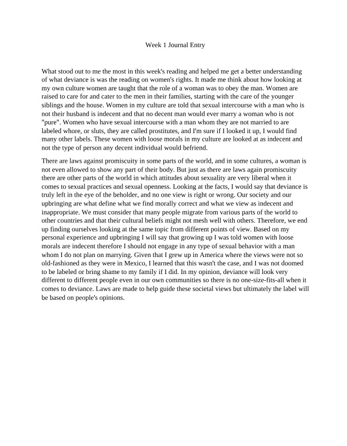 Week 1 Journal - Deviance and Cultural Perspectives
