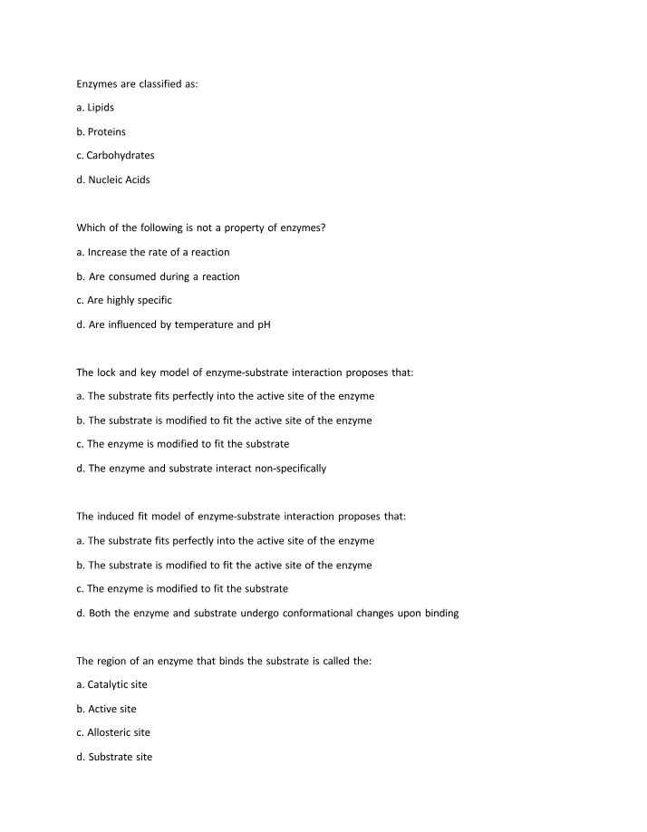 Enzymes - Practice Questions