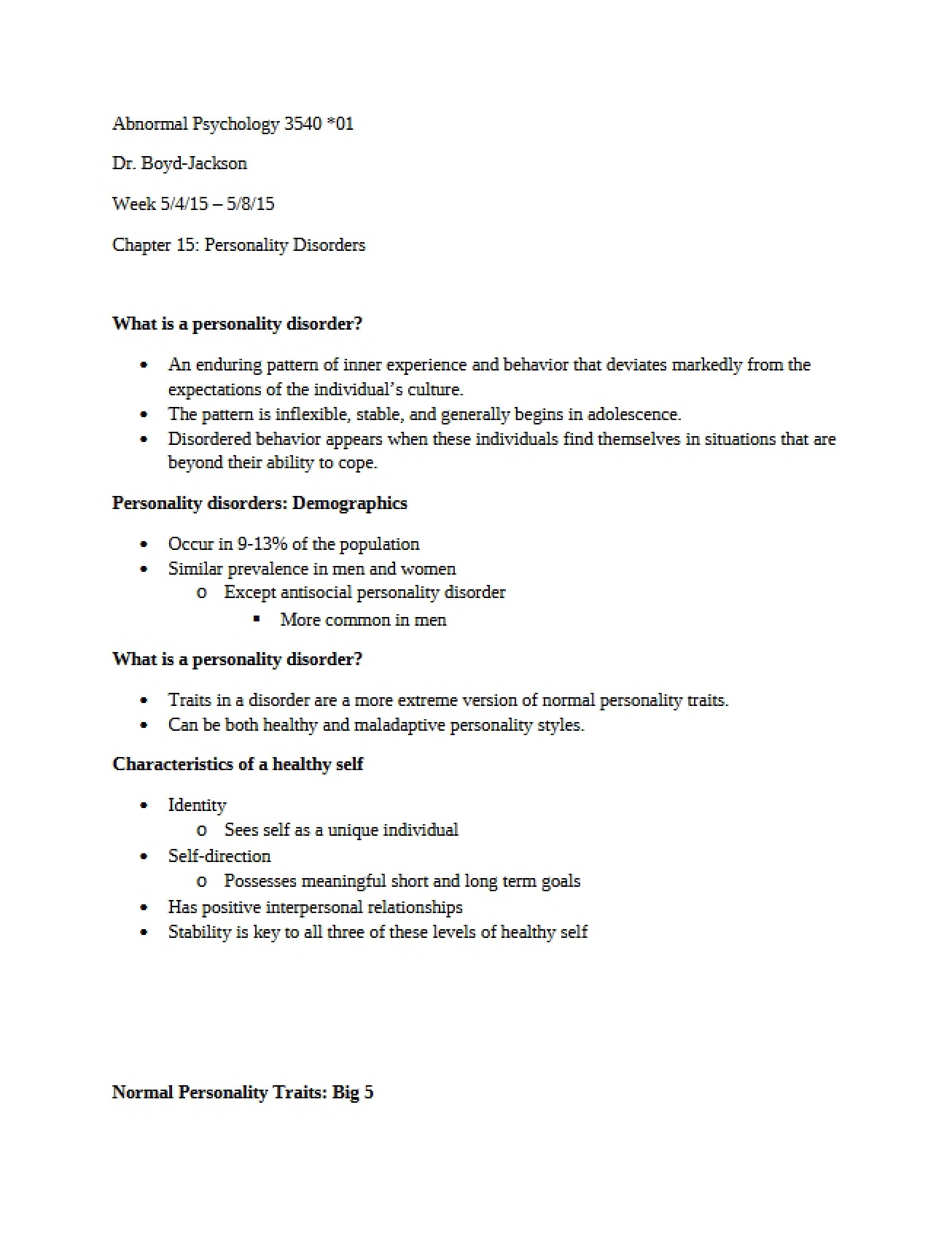Fifteenth Chapter An Overview of Personality Disorders