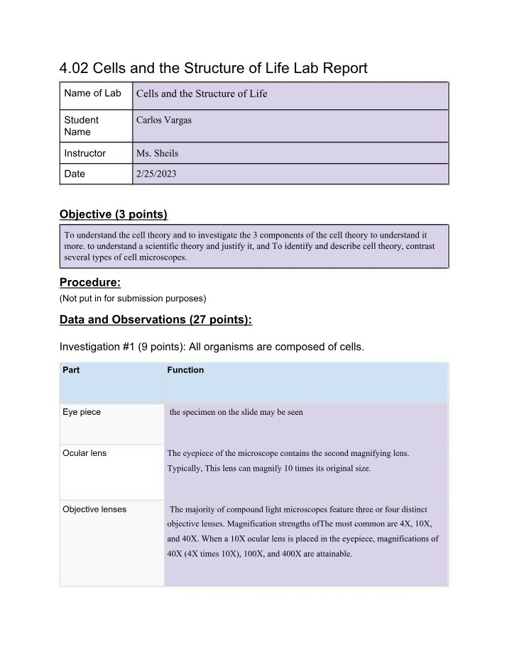 Lab Report - Cells and the Structure of Life