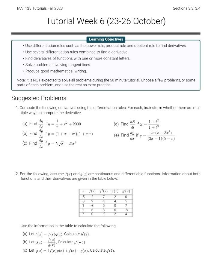 MAT135 Tutorial - Differentiation Rules, Tangent Lines, Mathematical Writing