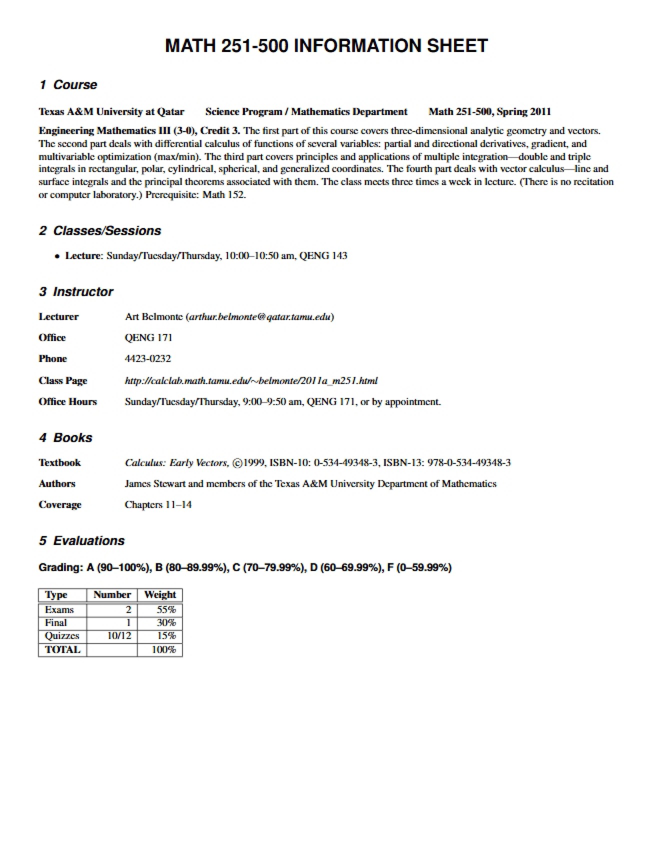 Course Information for Math 251, Section 500 (2011, Version A)