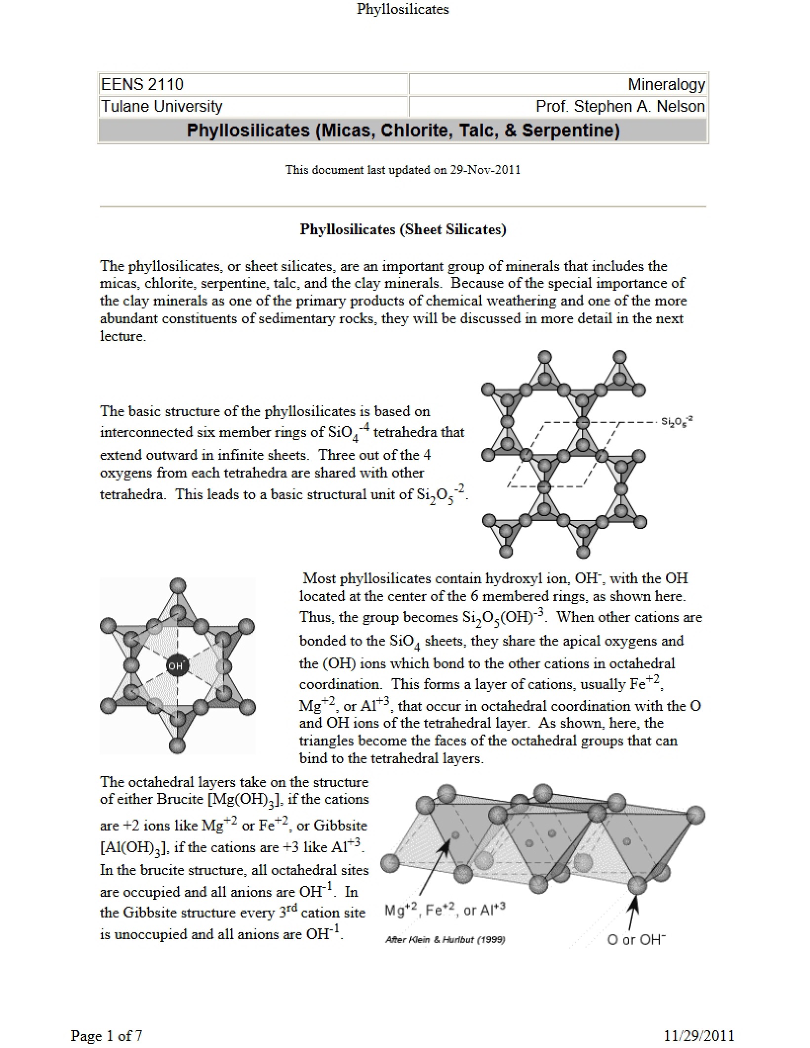 Serpentine, Talc, Chlorite, and Micas Phyllosilicates