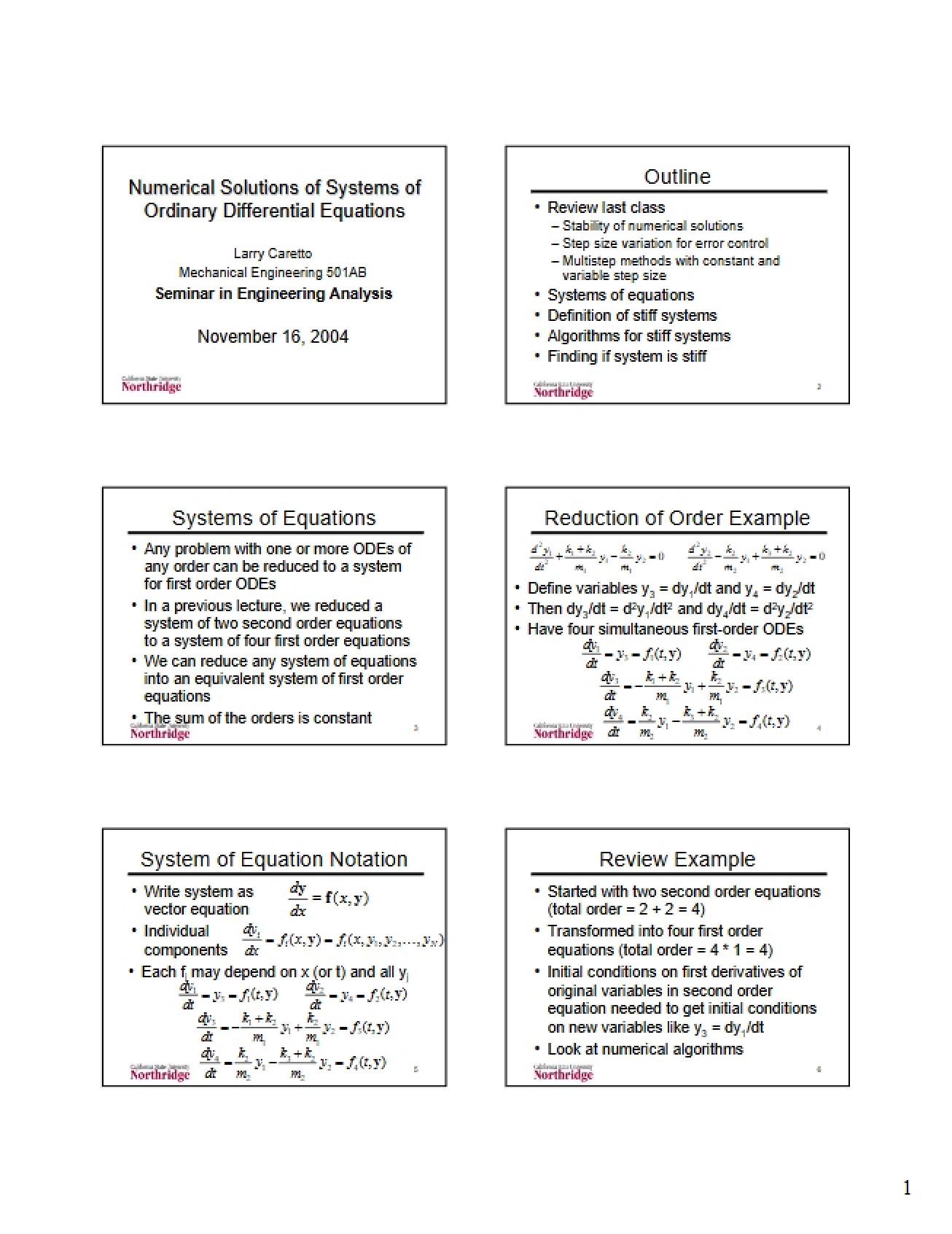 Systems of Ordinary Differential Equations Numerical Solutions
