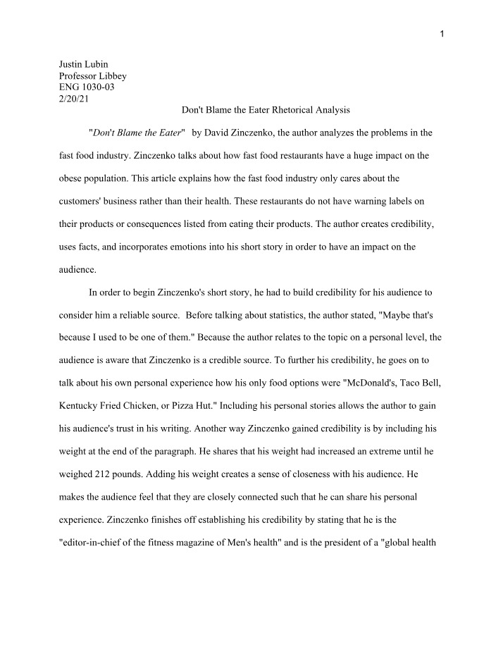 Don't Blame the Eater - Rhetorical Analysis