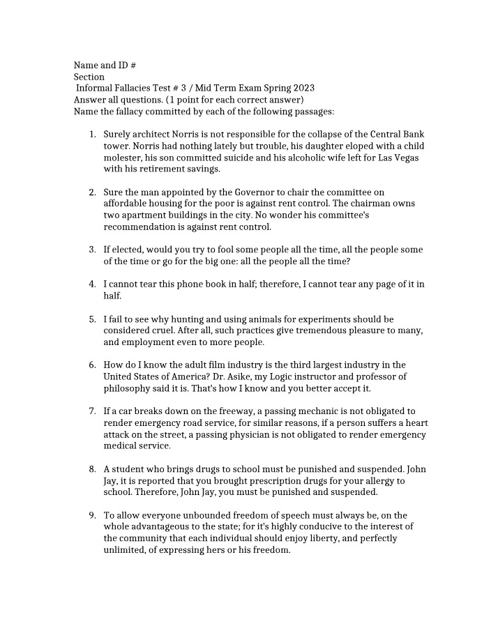 Test #3 - Informal Fallacies