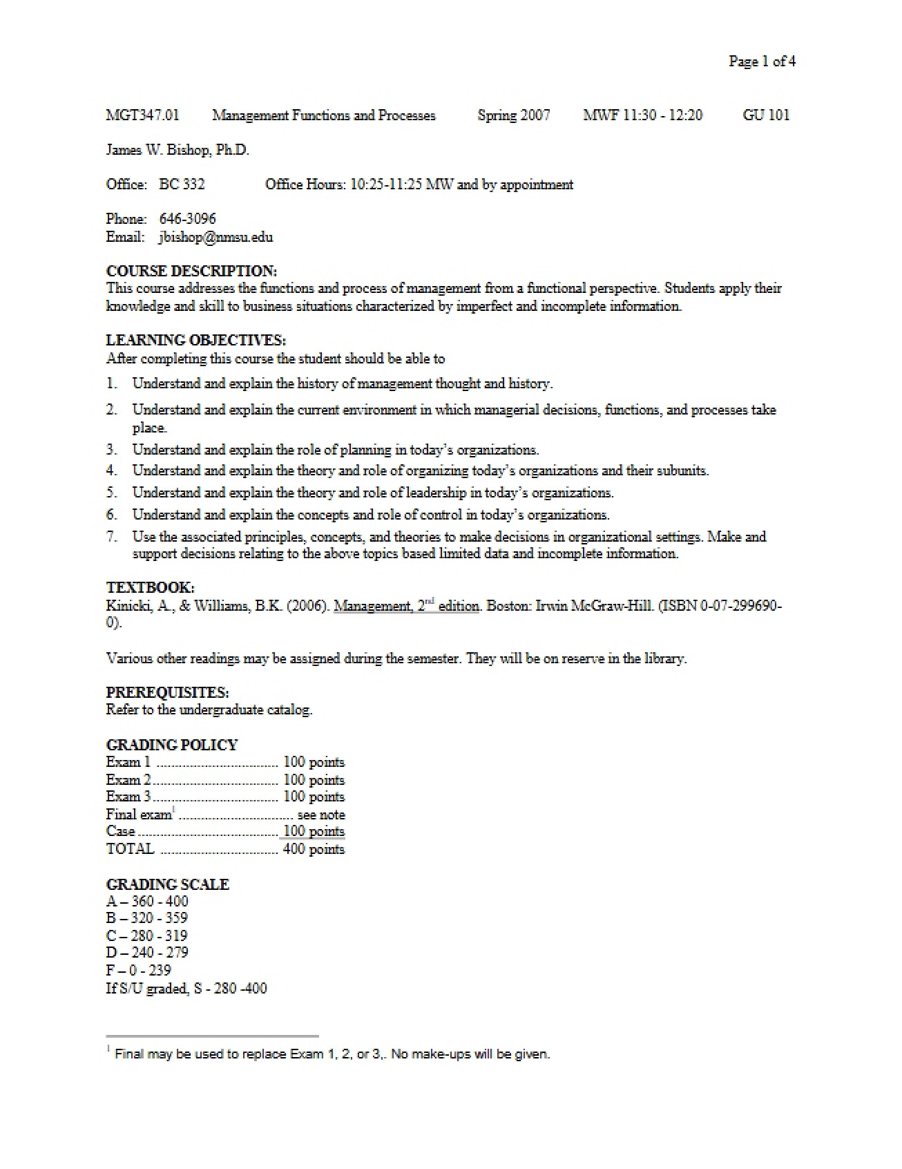 Management Functions and Processes Syllabus - Spring 2007 - Bishop