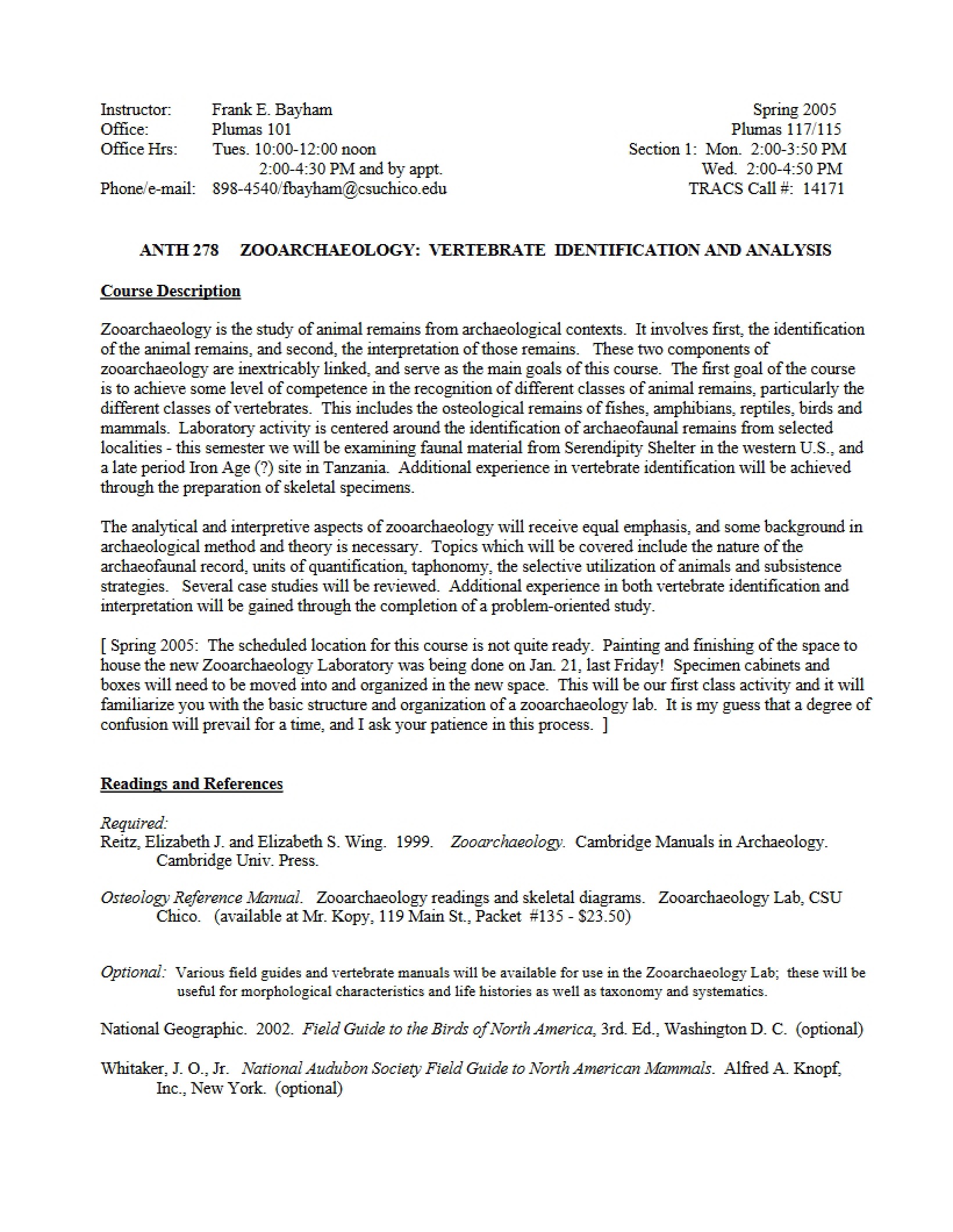 Vertebrate Identification and Analysis Syllabus